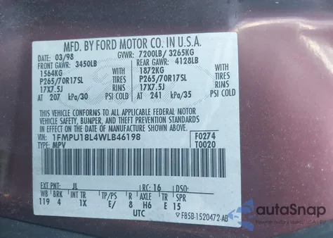 1998 Ford Expedition Eddie Bauer/Xlt из США, поврежденный, VIN 1FMPU18L4WLB46198